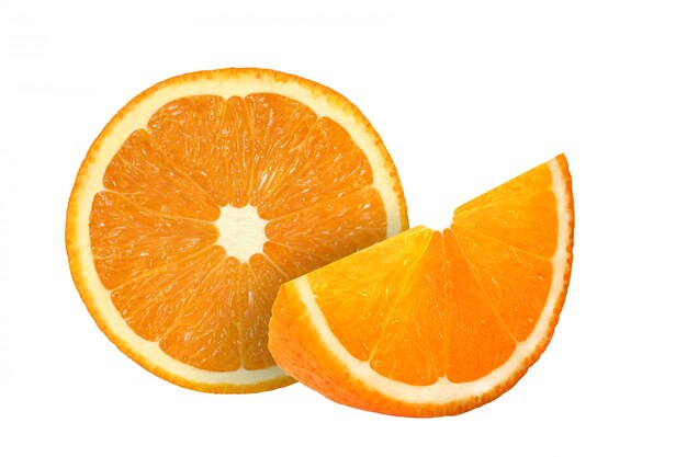 Cut orange fruits isolated on white background with clipping path