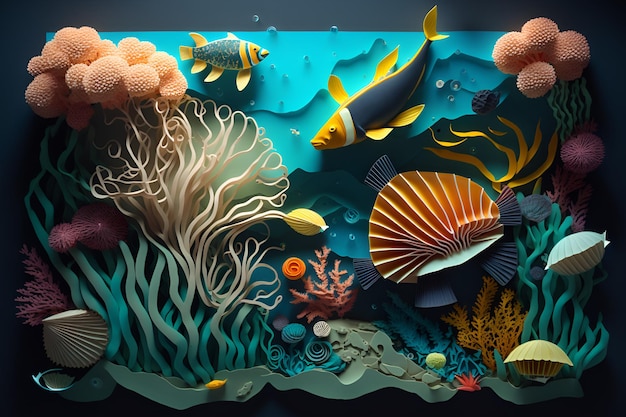 A cut out of paper with fish and corals.