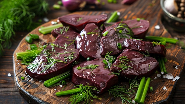 Photo cut raw beef liver with dill on wooden table closeup