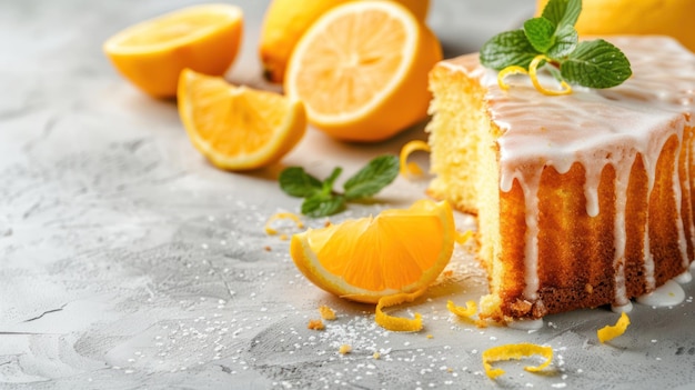 Photo cut tasty lemon cake with glaze and citrus fruits