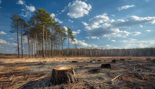 Cut Trees in a Forest Clearing Under a Blue Sky