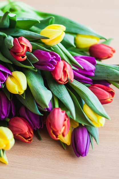 The cut tulips in a vase. Tulips on a black background. Wilting of the flower.