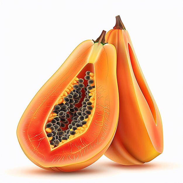 a cut up of a cut orange melon with black seeds