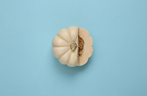 Cut white mini pumpkin on a blue background