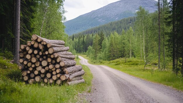 Photo cut wood is neatly stacked along a road near the forest showcasing the timber collection process in a serene wooded environment