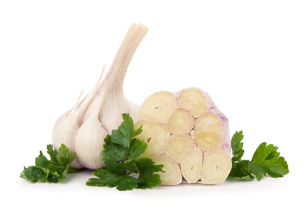 Cut young garlic on white background Head of young garlic with garlic cloves and parsley leaf isolated on white background