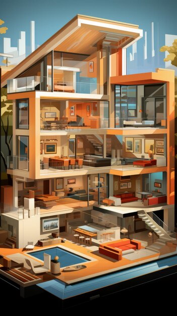 A cutaway illustration of a modern house