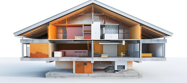 Photo cutaway view of house wall with multiple layers of thermal insulation for energy efficiency design