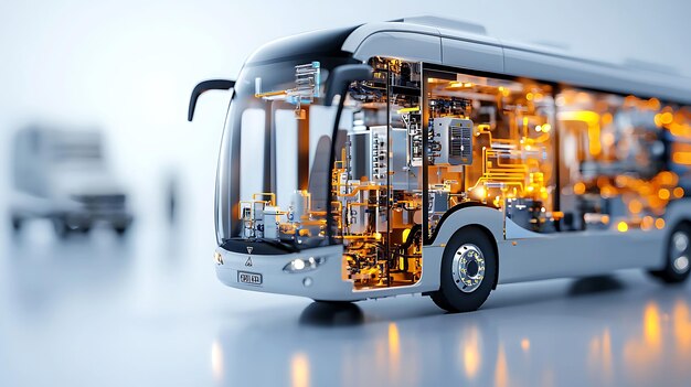 Photo cutaway view of a hydrogenpowered bus with clean energy technology inside