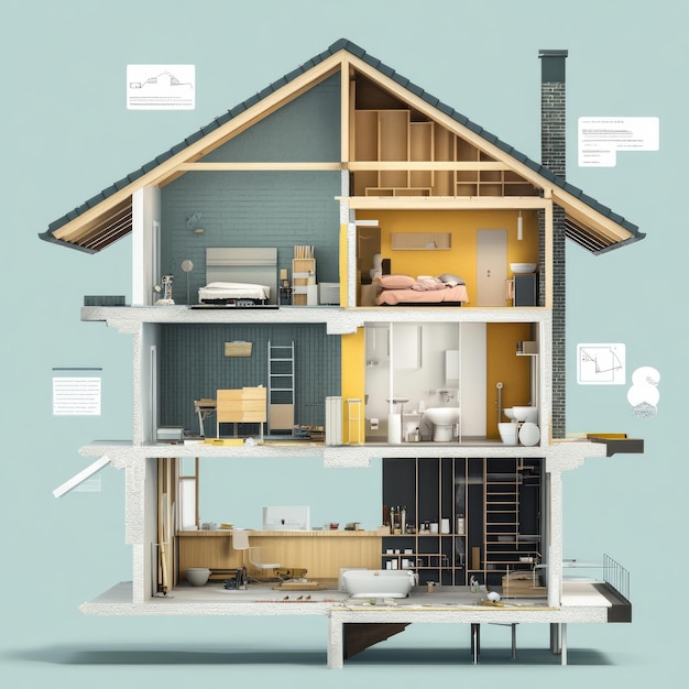 Photo cutaway view of a modern house revealing the interior design and structure