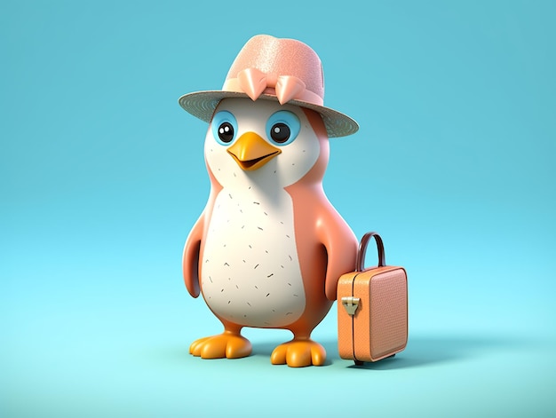 Cute 3D animation penguin bringing a suitcase with bowler hat isolated on blue background