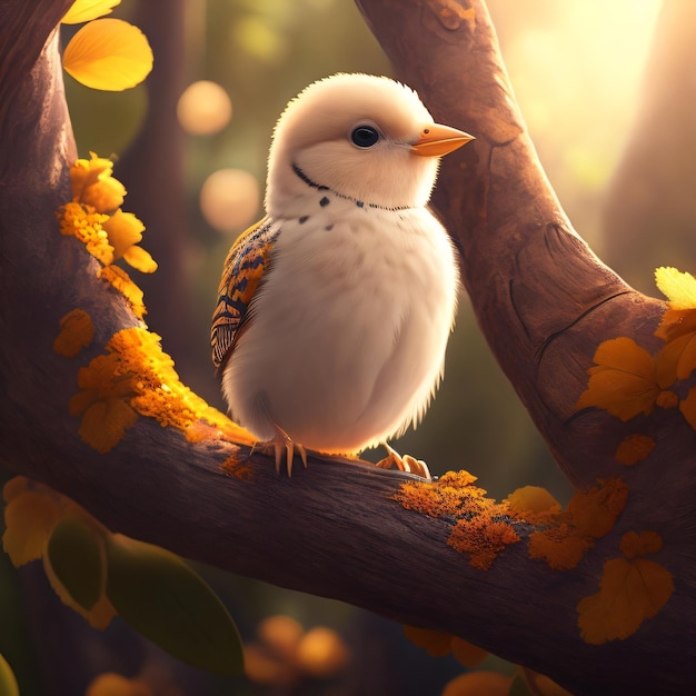 Cute 3D bird on the tree Cinematic photo of bird