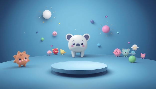 Photo cute 3d cartoon animals on a blue background with a platform