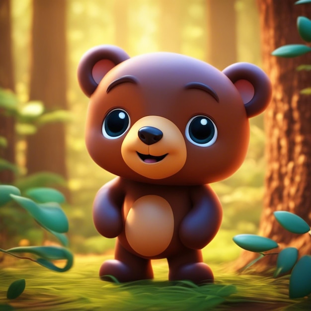 A cute 3D cartoon bear playing with a colorful butterfly set clean blurred jungle background