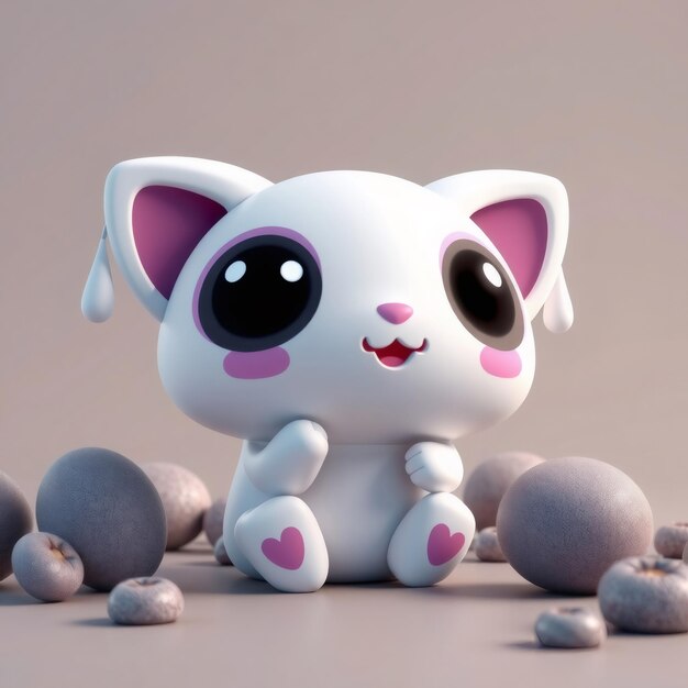 Cute 3D cartoon cat with big eyes pink ears and hearts on its paws