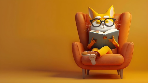 Cute 3D Cartoon Character Reading A Book On An Orange Armchair With Glasses Relaxed And Joyful