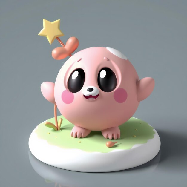 Photo cute 3d cartoon character with large eyes pink body and a star on a green grass podium