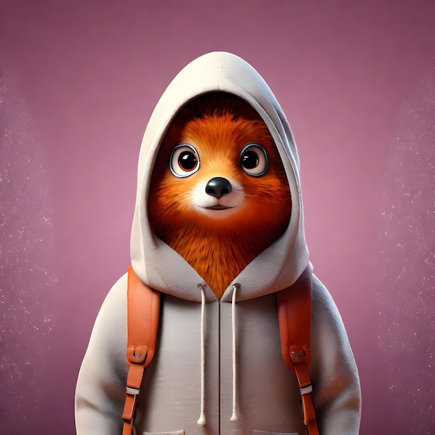 Cute 3D cartoon fox wearing a hoodie and backpack Adorable animal illustration with a friendly face Concept of friendship nature and character design