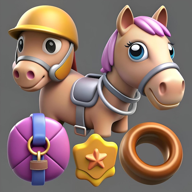 Photo cute 3d cartoon horse with a saddle a star a donut and a ball