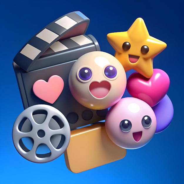 Photo cute 3d cartoon icons of film reel clapperboard heart star and emoji faces perfect for social media blogs and websites