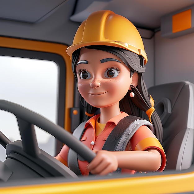 Cute 3D Cartoon Portrait of Woman Truck Driver