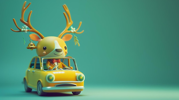 A cute 3D cartoon reindeer is driving a yellow car