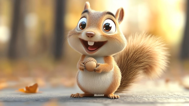 Cute 3D Cartoon Squirrel Holding Acorn Adorable Illustration