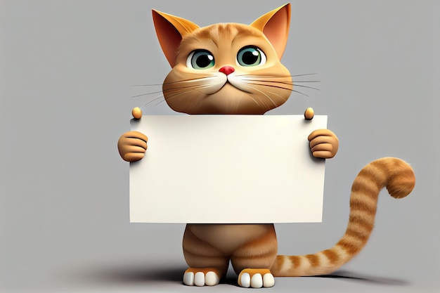 Cute 3d Cartoon Tabby Cat Character Holding a Blank Sign