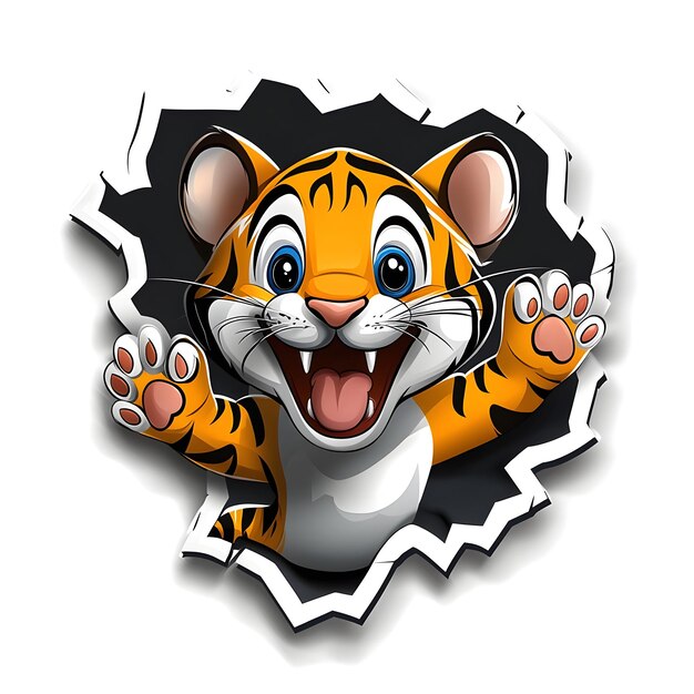 Photo cute 3d cartoon tiger sticker jumping playfully on white background