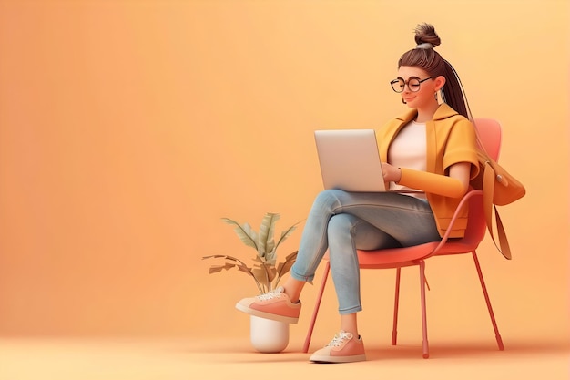 Cute 3D Cartoon Woman Sits In Chair And Works In Laptop On Light Brown Background