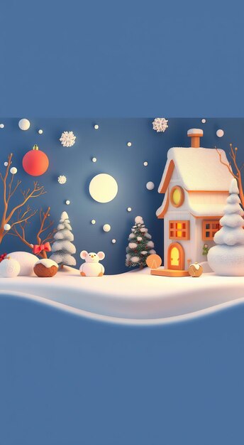 Cute 3D Christmas scene with a house trees mouse and snow