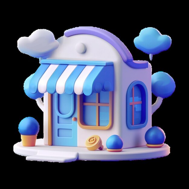 Cute 3D colored shop with decorative trees and bushes