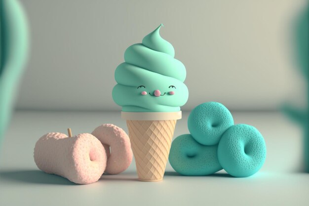 Cute 3D Ice Cream Tasty and Sweet Ice Cream with modern colors Ai generative