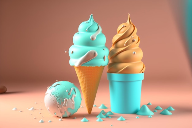 Cute 3D Ice Cream Tasty and Sweet Ice Cream with modern colors Ai generative