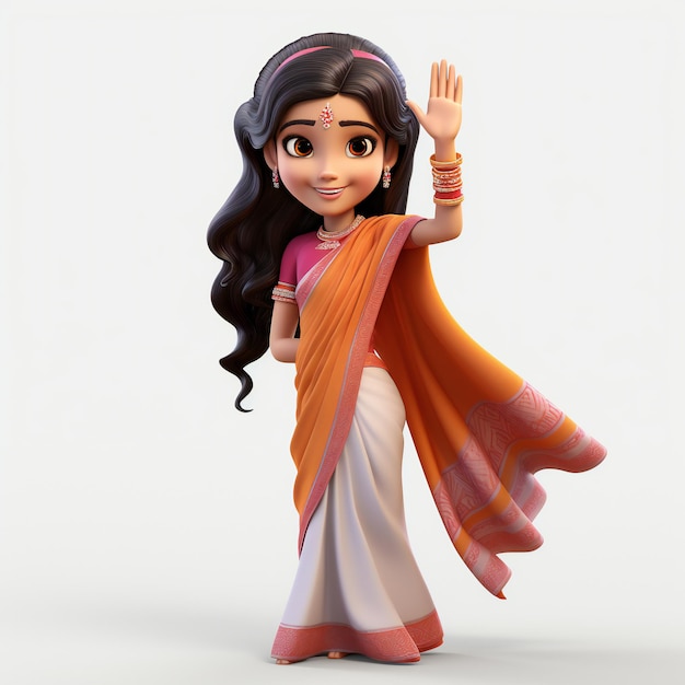 Cute 3D Indian Girl Waving on White Background