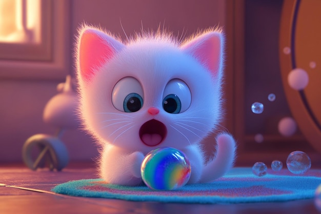 Photo cute 3d kitten with a rainbow