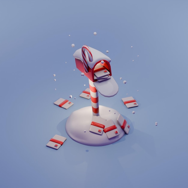 Cute 3d render Christmas mail box full of mails in snow background