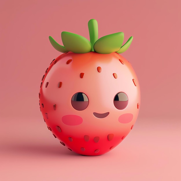 Cute 3D rendered strawberry character with a happy face and green leaves on a pink background Perfec