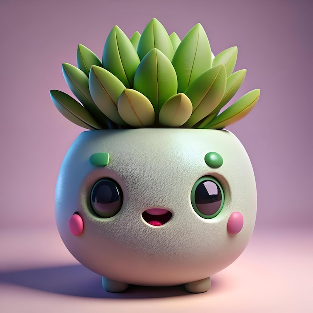 Cute 3D rendered succulent in a pot with a cartoon face