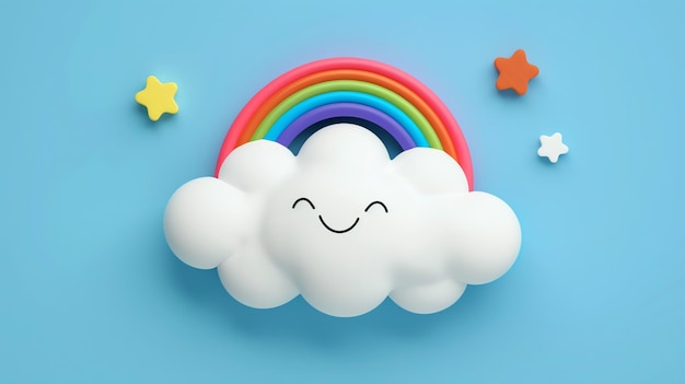 A cute 3D rendering of a smiling cloud with a rainbow on top of it