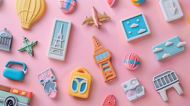 Cute 3D Travel Souvenir Magnets on Pastel BackdropCollecting Memorable Moments in Minimal Style