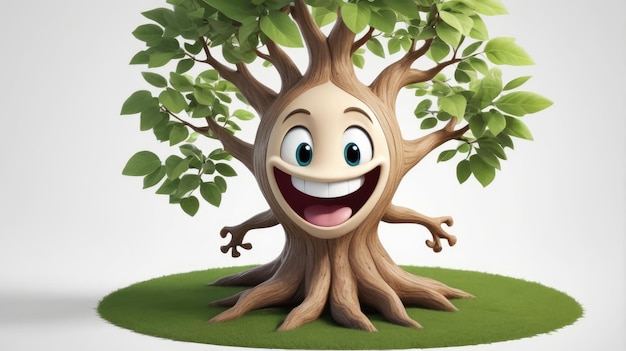 Photo a cute 3d tree character with a big smile and a white background