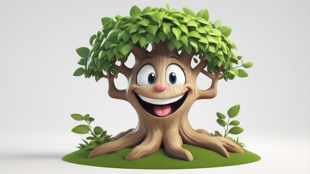 Photo a cute 3d tree character with a big smile and a white background