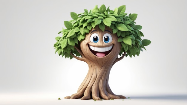 Photo a cute 3d tree character with a big smile and a white background