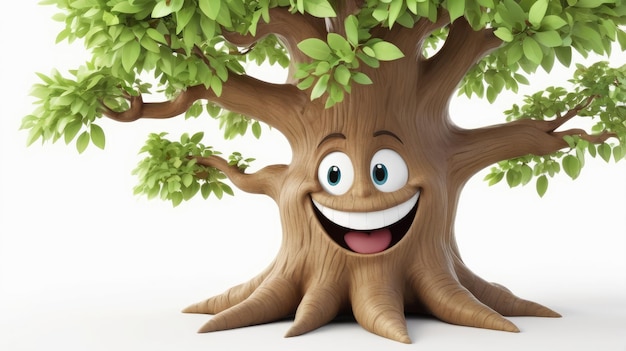 Photo a cute 3d tree character with a big smile and a white background