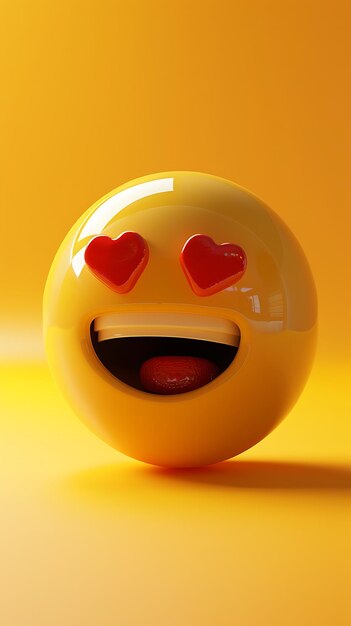 Cute 3D yellow emoji with red heart eyes laughing solid yellow gradient backdrop