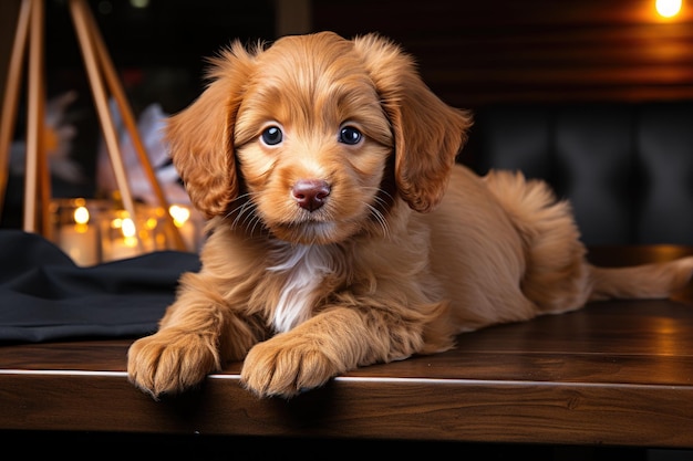 Cute abricot or red Labradoodle puppy lying on its side with its deepset dazzling eyes fixated o