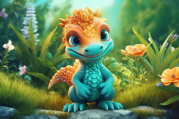 a cute adorable baby dragon lizard 3D Illustration stands in nature