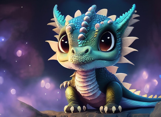 A cute adorable baby dragon stands in nature by night with light in the style of childrenfriendly cartoon animation fantasy 3D style Illustration created by AI