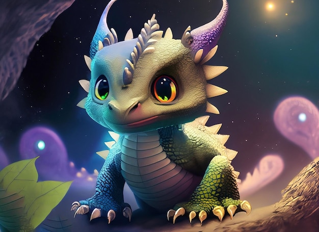 A cute adorable baby dragon stands in nature by night with light in the style of childrenfriendly cartoon animation fantasy 3D style Illustration created by AI